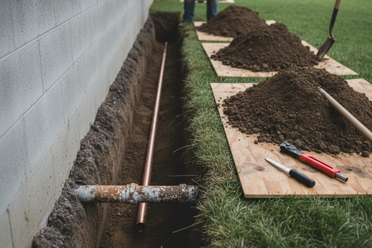 Excavated water line trench during Water Heater Repair in Long Island City